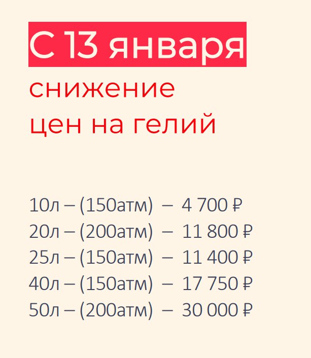 Снижение цен на гелий с 13 января